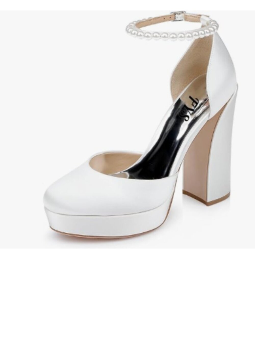 FYS White Round Toe Pump Platform Chunky High Heels Bejeweled Ankle Strap Shoes